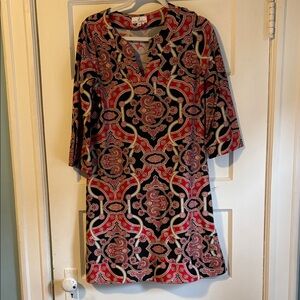 Jude Connally Paisley Print Tunic Dress in Black, Tan & Red size Medium